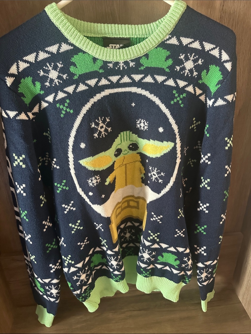 Star Wars Men’s Navy, Lime & Yellow Crewneck Sweater with Baby Yoda Motif
